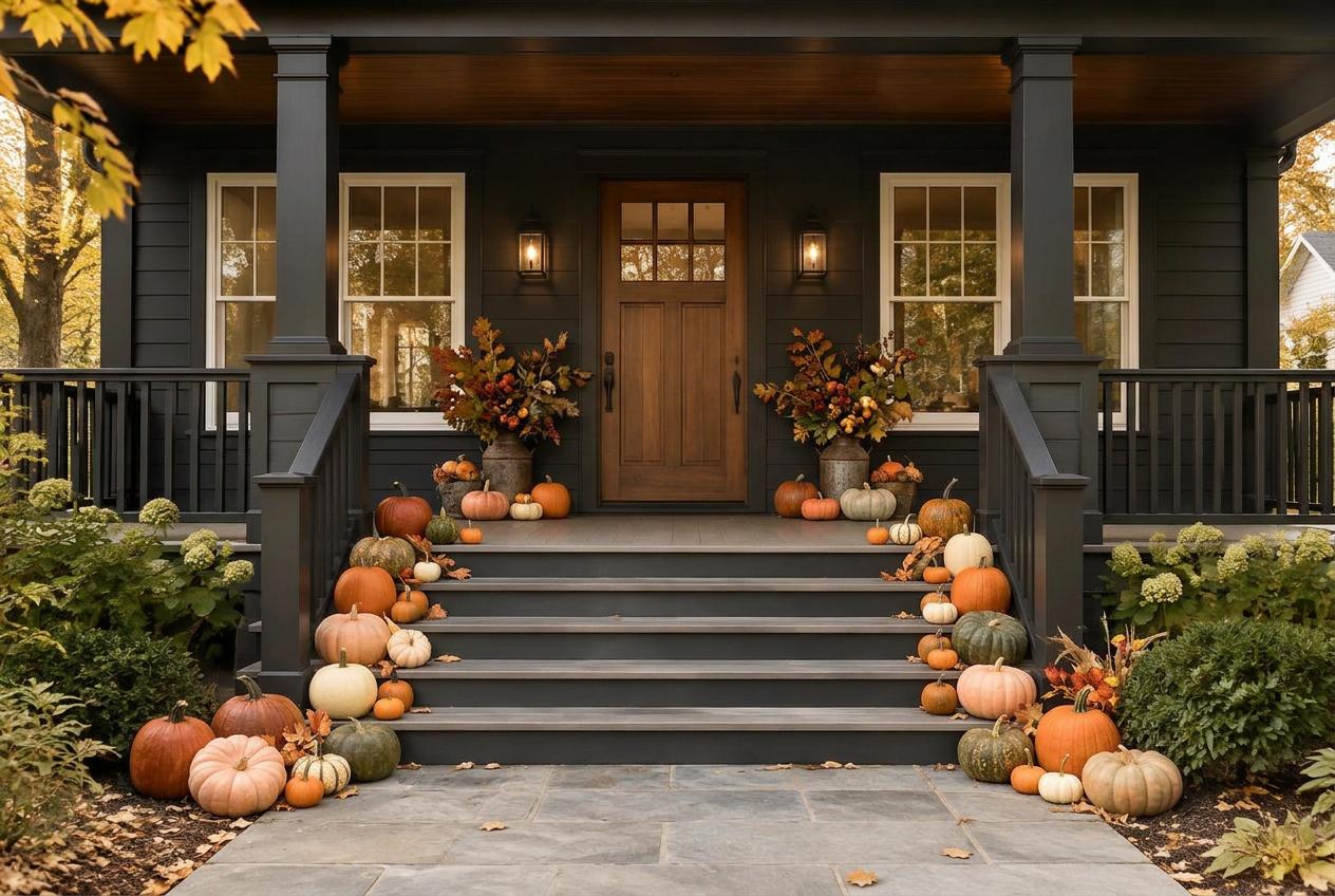 Abundant autumn pumpkinscaping on a dark front porch